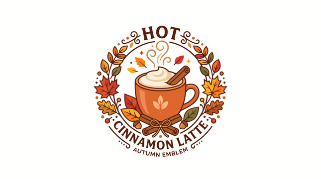 Circular autumn emblem featuring steaming hot cinnamon latte with whipped cream surrounded by fallen maple leaves and spice sticks