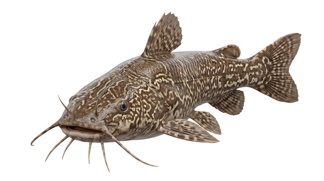 Detailed catfish swimming on transparent background showing textured scales