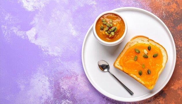 紫とオレンジのツートン背景に置かれたパンプキンジャムと食パンの構図