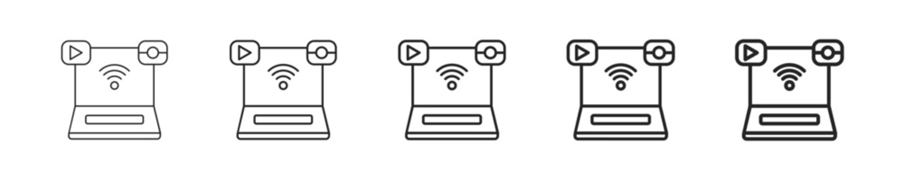 Laptop vector icon in minimalist line style. Clean editable stroke illustration with geometric design and monochrome appearance, isolated on white background