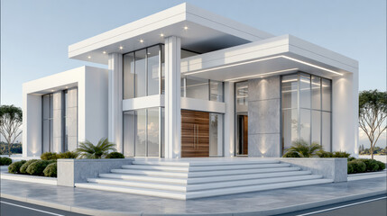 Fototapeta premium Modern building facade with large glass windows, white exterior, marble accents, and wide steps, showcasing contemporary architecture style