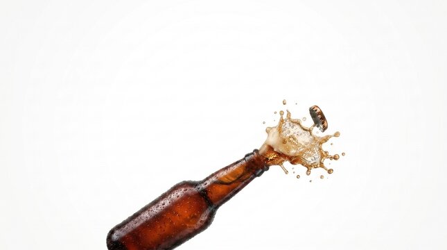 Brown beer bottle opening with splashing liquid and cap flying off on white background