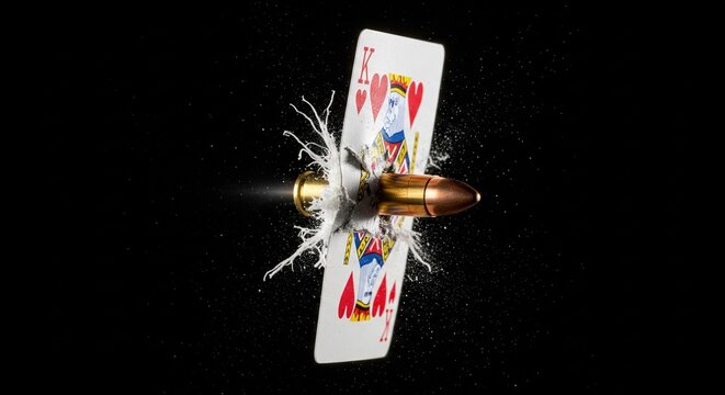 Exploding playing cards with a bee and insect debris on black background