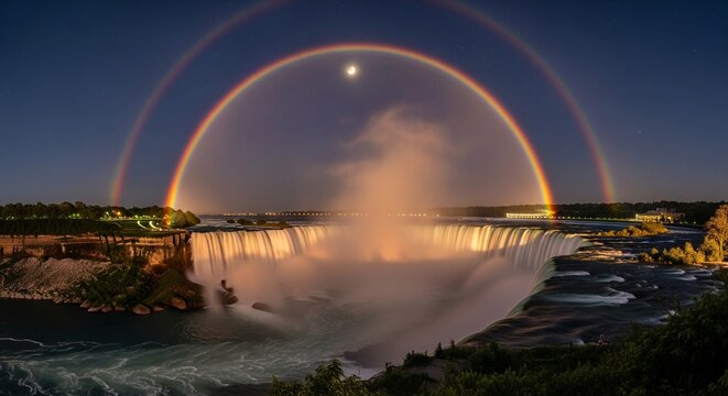 Stunning double rainbow over misty waterfall and bridge at dusk with moonlit glow