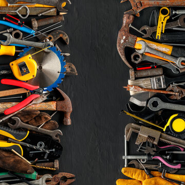 Group of worn work tools. Collection of used blue collar work equipment. For home improvement, diy repair projects, manual labor jobs, Father's day gift ideas, or to celebrate Labor Day.