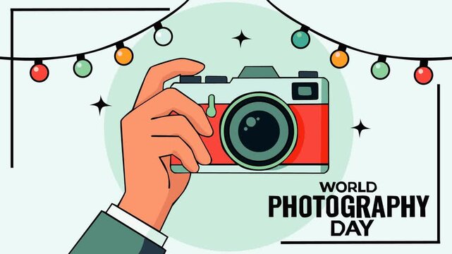 Eye-catching World Photography Day background featuring a retro camera, festive string lights, and bold typography