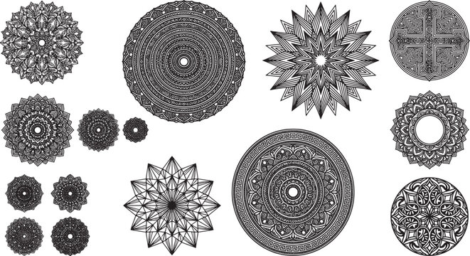 Collection of circular mandala geometric patterns, and intricate floral motifs in a detailed black and white line