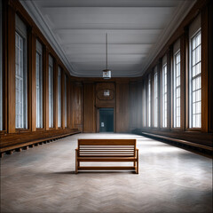 Fototapeta premium Empty courtroom with wooden bench tall windows classic architecture sunlight streaming serene atmosphere symmetry legal setting justice