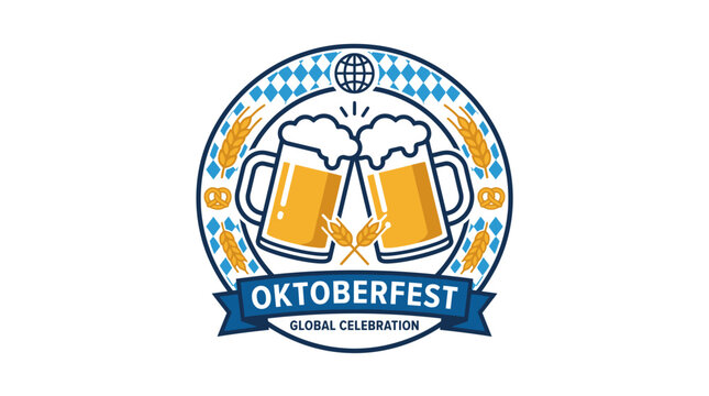 Oktoberfest festival logo with clinking beer mugs barley and Bavarian patterns for global celebration graphic design on white background