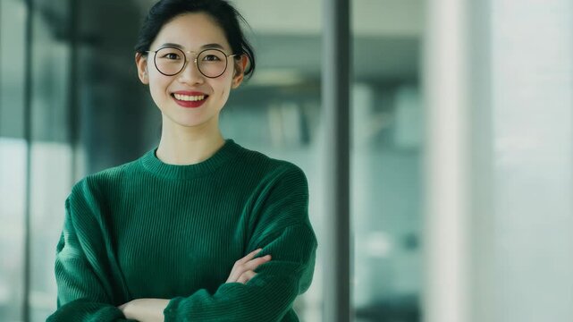 A friendly and confident young woman posing in front of a building.