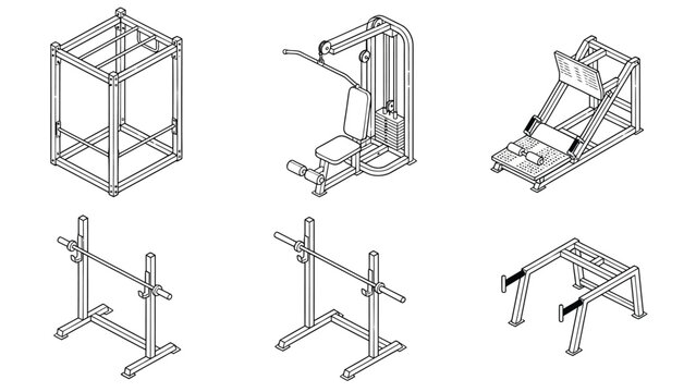 Collection of isometric line drawings of various weightlifting and gym equipment, including a squat rack, leg press, and multi-gym.