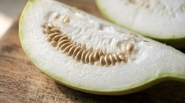A close-up shot of a fresh slice of winter melon revealing white flesh and seeds on a rustic wooden board prepared for healthy cooking