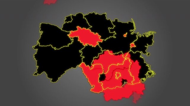 Animated map of Germany with highlighted regions in red on a dark gray gradient background, ideal for geography, travel, news, business, and infographic projects.