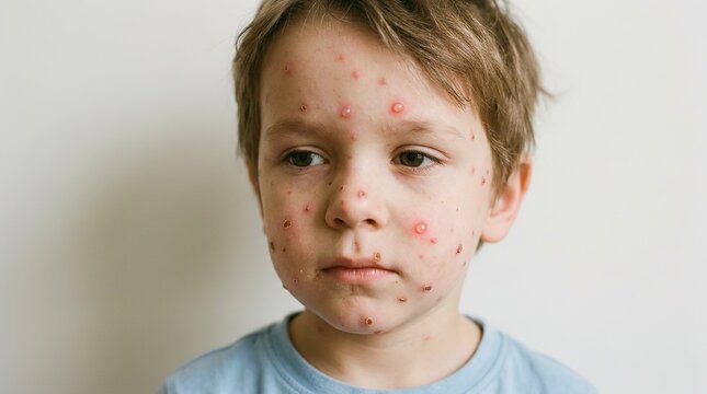 Close-Up of Young Boy Face with Chickenpox Blisters and Red Rash
