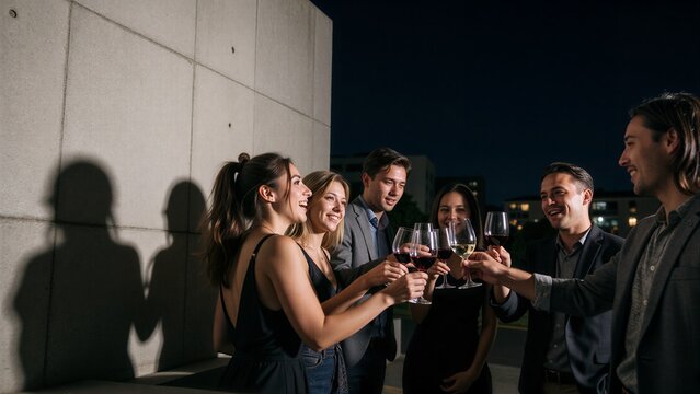 Group toasts with wine under night sky, shadows cast on concrete wall.