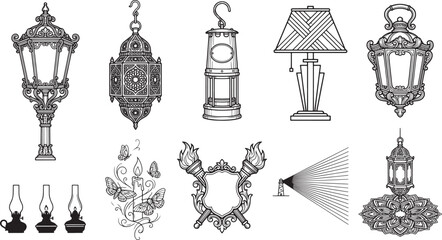 Fototapeta premium Vintage lighting collection featuring ornate street lamps, hanging lanterns, desk lamp, oil lamps and candles with butterflies on white