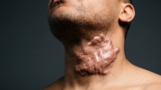 Massive Hypertrophic Keloid Scar Tissue on Adult Male Neck