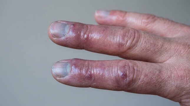 Swollen Red Fingers Affected by Chilblains and Erythema