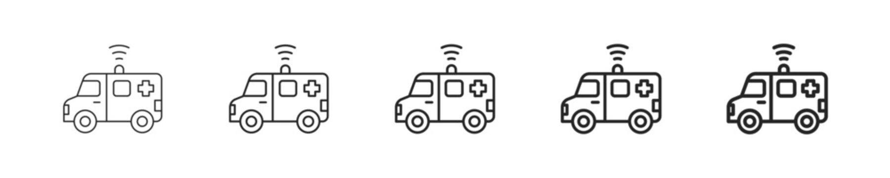 Ambulance vector icon in minimalist line style. Clean editable stroke illustration with geometric design and monochrome appearance, isolated on white background