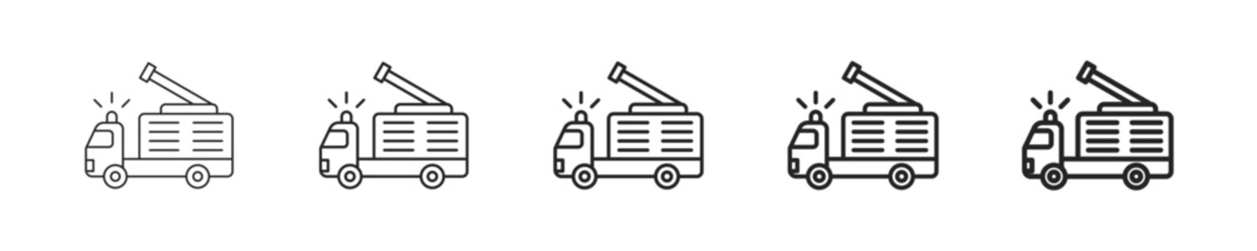 Fire Engine vector icon in minimalist line style. Clean editable stroke illustration with geometric design and monochrome appearance, isolated on white background