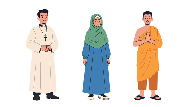 Three people in traditional religious attire representing different faiths standing together peacefully.