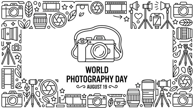 World Photography Day Background with Line Art Camera Icons