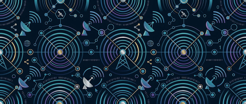Satellite dishes transmit signals through a complex network depicted in a repeating graphic pattern.