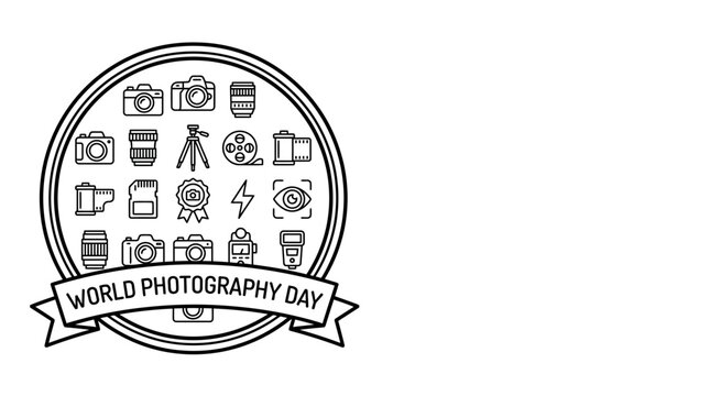 World Photography Day Badge with Camera Icon Set