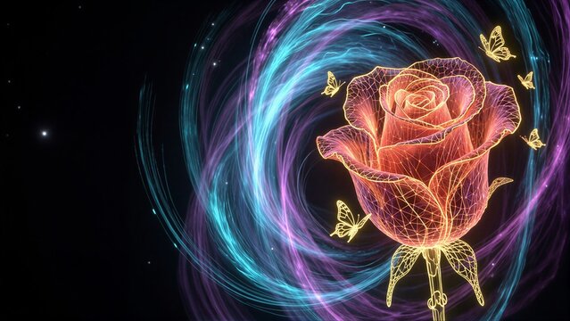 A glowing rose with butterflies floats in swirling neon colors against a dark background.