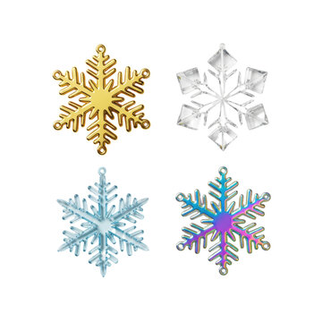Four exquisite, distinct snowflake ornaments (gold, crystal, acrylic, holographic) in a precise 2x2 grid flat lay, isolated on a high-key white background. concept of sophisticated seasonal elegance