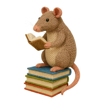 PNG Knitted mouse reading books.