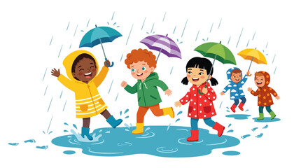 Group of happy children jumping and playing in the rain outdoors during summer