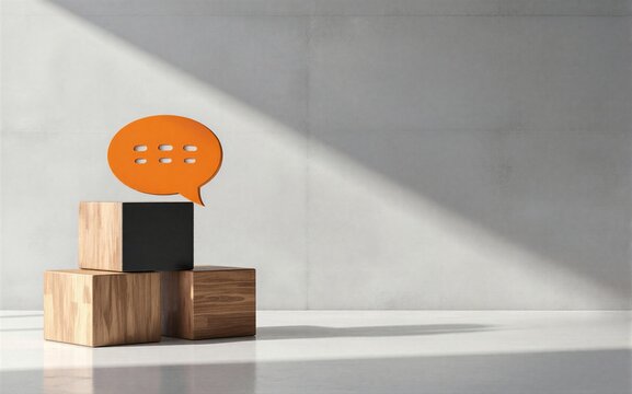 Orange speech bubble rests atop wooden blocks in minimalist concrete space.