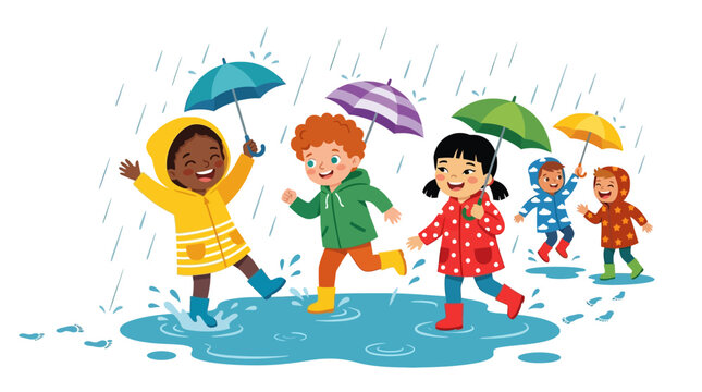 Group of happy children jumping and playing in the rain outdoors during summer