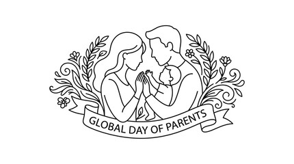 Obraz premium Global Day of Parents Line Art Illustration with Family and Floral Frame