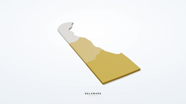 Delaware USA 3D isometric state map with county borders rotating on a clean white background, the First State, seamless loop animation