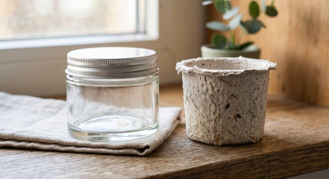 Sustainable packaging concept featuring molded pulp refill beside empty glass jar in natural light
