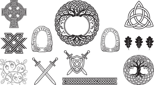 Collection of black and white celtic knotwork symbols including crosses, tree of life, swords, shields, runestones, and oak leaf