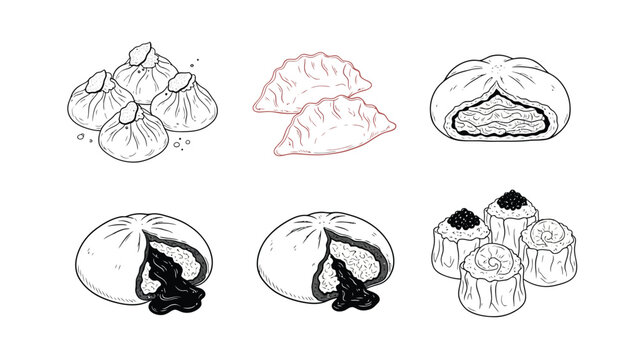 Collection of hand-drawn illustrations of various Asian dumplings and buns, presented in a clean, minimalist line art style.