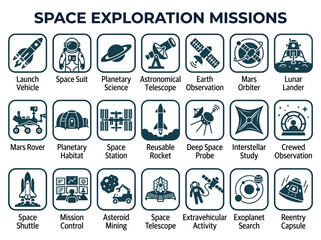 Space exploration missions show rockets rovers telescopes and astronauts exploring planets moons and deep space © Boob's