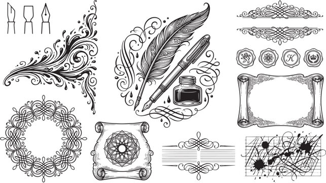 Collection of vintage calligraphy including feather quill pen, ink bottle, scrolls, and flourishes on white background