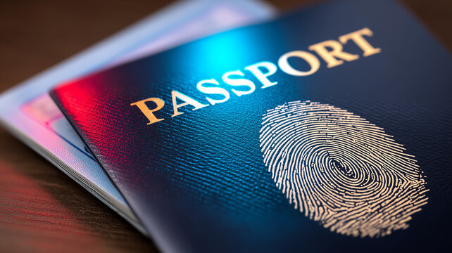 A passport marked with a fingerprint represents biometric identity verification and secure international travel.
