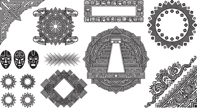 Set of ancient mayan and aztec inspired symbols including pyramids, eagle warriors, tribal masks, and geometric frames on white