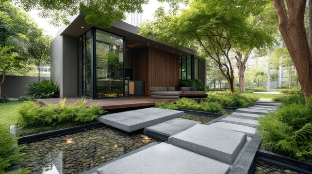 Modern garden luxury house glass wall wooden deck stone path water feature green tree outdoor lounge tranquil