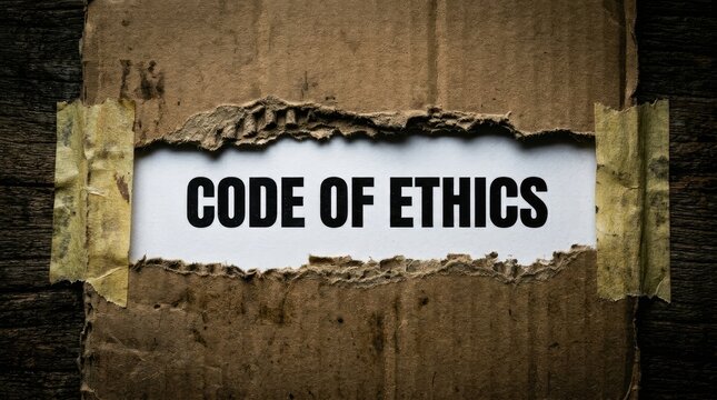 Torn cardboard revealing bold code of ethics text on dark background with partially torn piece aged cardboard exposing bold textured wooden backdrop dramatic lighting effect