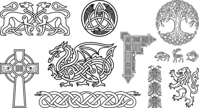 Set of traditional celtic knotwork symbols including a tree of life, dragon, cross, animals, and decorative borders in black and white style