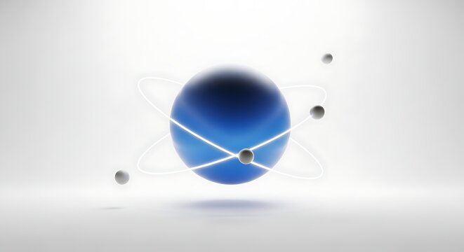 Blue sphere atom model with orbiting particles chemistry research