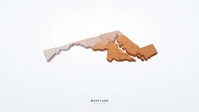 Maryland USA 3D isometric state map with county borders rotating on a clean white background, the Old Line State, seamless loop animation