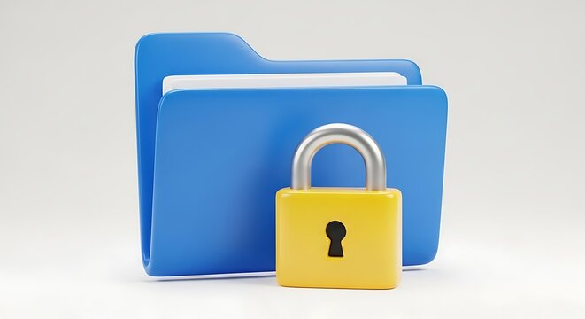 Blue document folder secured with locked yellow padlock confidential business