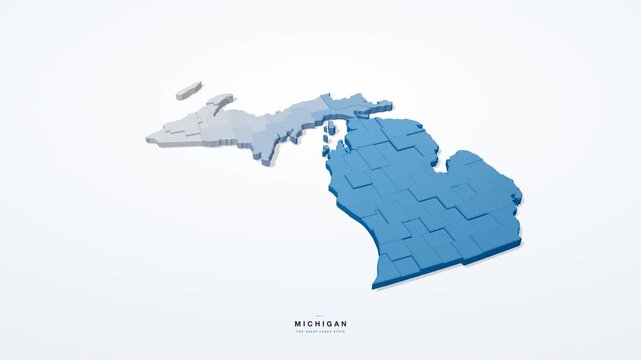 Michigan USA 3D isometric state map with county borders rotating on a clean white background, the Great Lakes State, seamless loop animation